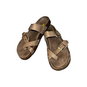 Maui Island Tan Slip On Buckle Sandals Women 6M Walk Comfort Beach Vacation